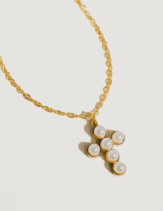 Gold plated pearl cross necklace